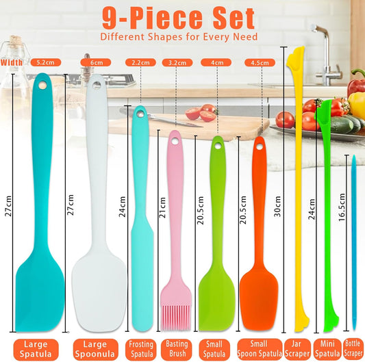 9-Piece Seamless Silicone Spatula Set for Non-Stick Cookware, 600°F Heat Resistant Kitchen Utensils with Heavy-Duty Stainless Steel Core for Baking & Jar Scraping, Dishwasher Safe, Rainbow