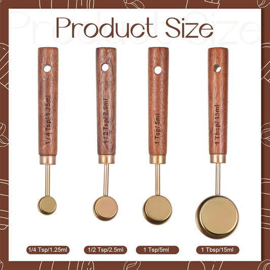 8 PCS Copper Measuring Cups and Spoons Set, Stainless Steel Measuring Cups and Spoons Set with Wooden Handle and Metric US Measurements for Dry Liquid for Baking Kitchen Food Liquid