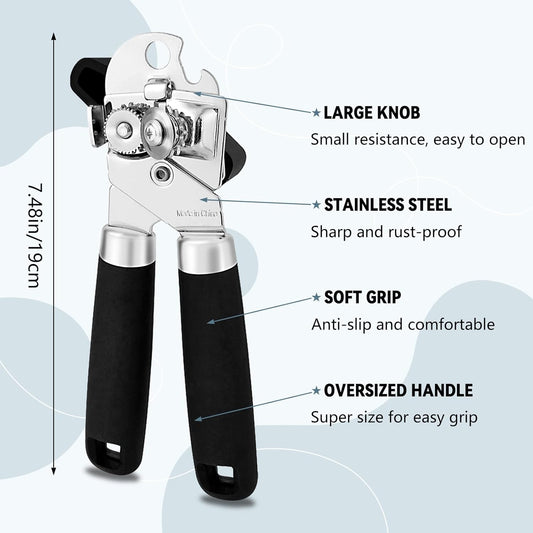 Heavy Duty Stainless Steel Smooth Edge 3-In-1 Multifunctional Manual Strong Can Bottle Opener – Soft-Grip Black