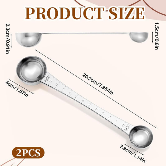 2 PCS Stainless Steel Coffee Scoop, Dual-Measure Long Handle Measuring Spoon (1 Tbsp & 1 Tsp) with Centimeter Tick Mark for Ground Coffee, Tea, Sugar, Baking