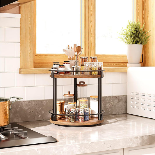 Lazy Susan Organizer, Rotating Spice Rack, 2 Tier Spice Turntable Organizer, Industrial Turntable Spice Holder, for Kitchen Countertop and Cabinet, Compact and Versatile, Rustic Brown SR22BR