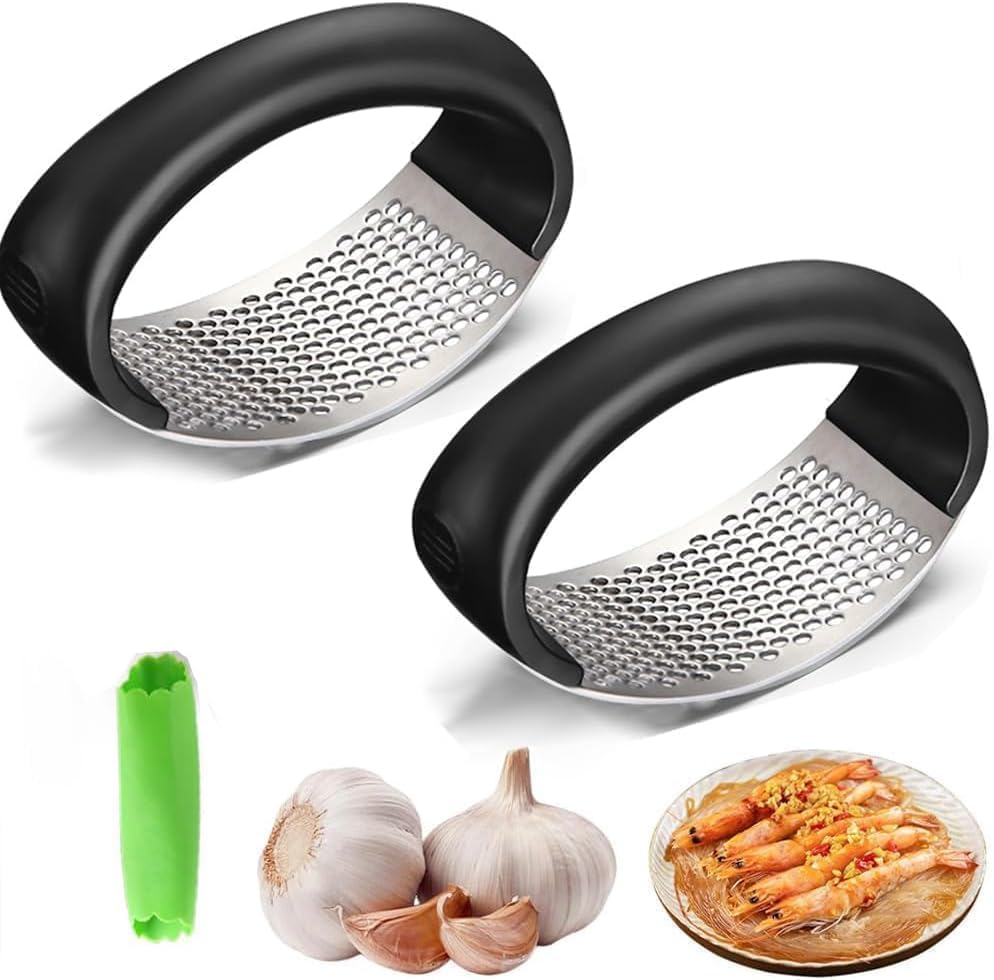 Garlic Press Rocker 2026 New,Portable Manual Stainless Steel Garlic Press Rocker Crusher Masher with Garlic Peeling Drum for Home Kitchen Utensils Garlic Crusher