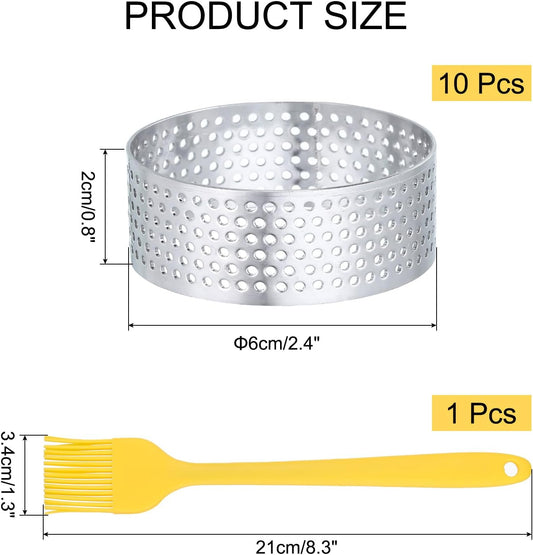 10pcs Perforated Cake Rings 2.4 Inch Stainless Steel Round Cake Mousse Ring Molds with Brush for Baking Cake Dessert Pastry Making, Silver Tone