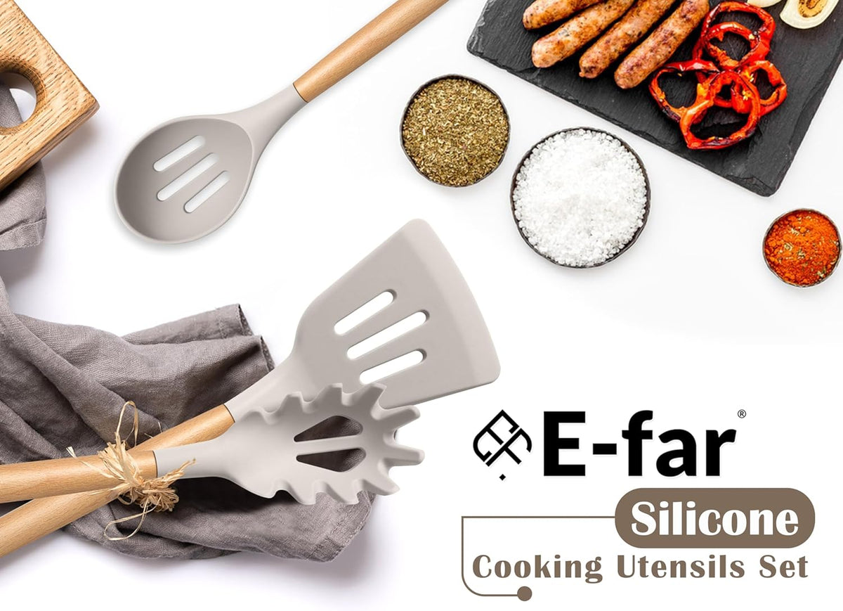 Silicone Cooking Utensils Set, 10-Piece Heat Resistant Kitchen Utensils Set with Wooden Handle for Nonstick Cookware, Kitchen Nonstick Tools Spatula Whisk Tongs Ladle, Non-toxic & Healthy(Khaki)