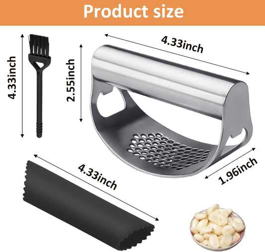 Stainless Steel Garlic Press 2026 New Heavy Duty Manual Mincer with Peeler and Cleaning Brush for Kitchen Use