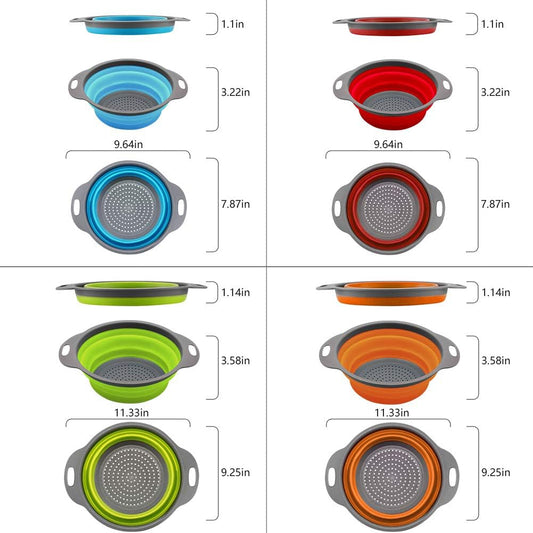 Collapsible Colander and Strainer Set of 4, 2 PC 4 Quart(1 gal) and 2 PC 2 Quart(0.5 gal), Food-grade Sturdy Plastic Base - Round Space-save Silicone Kitchen Foldable Strainer for Pasta, Veggies