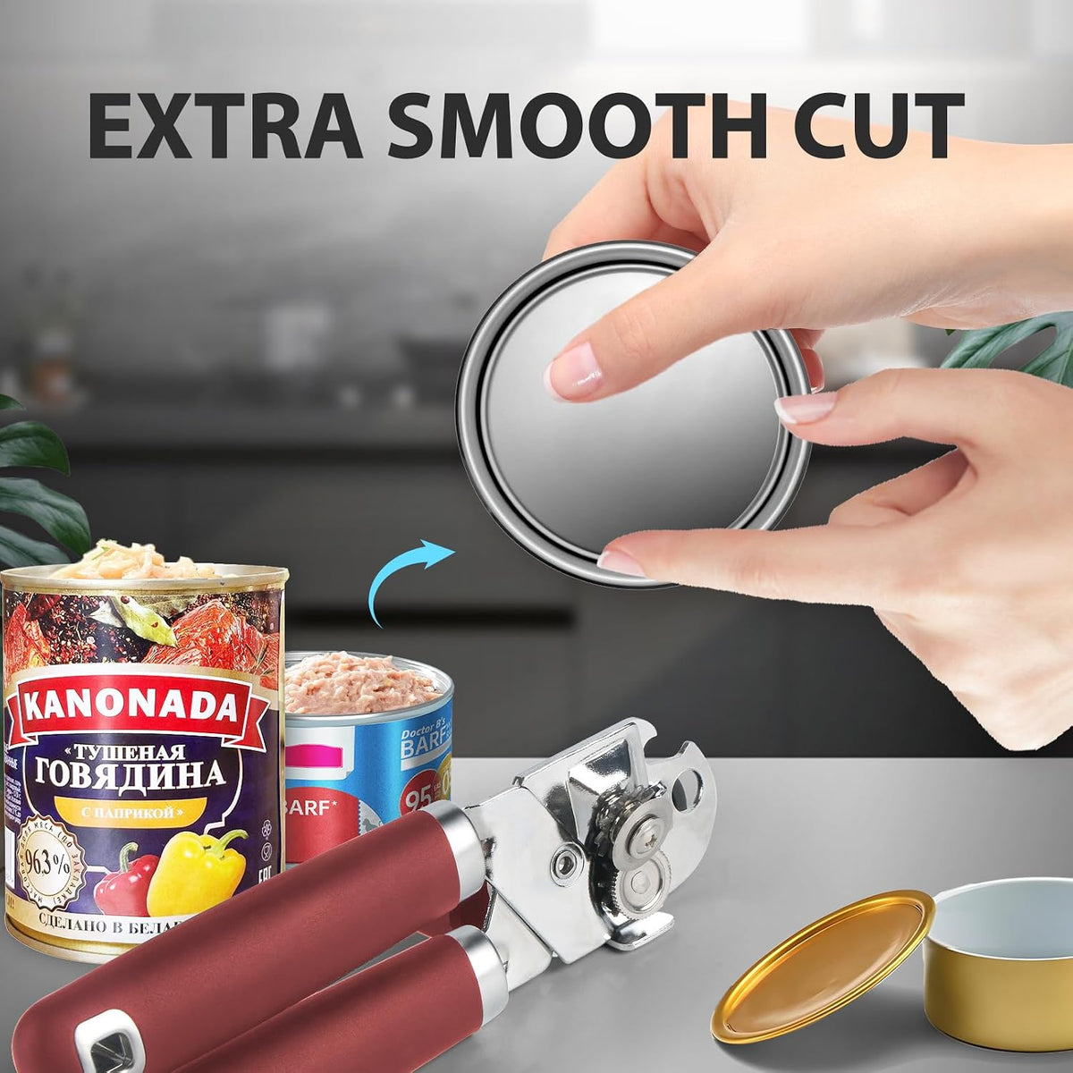 Can Opener Manual, Heavy Duty Handheld Strong Can Opener with Soft Touch Handle, Sharp Blade Smooth Edge, Can Openers with Multifunctional Bottle Opener, Beige
