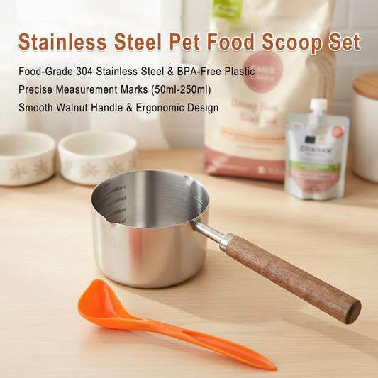 1Cup(250ml) Dog Cat Food Scoop, Stainless Steel Measuring Cup with Wooden Handle and 1 Plastic Can Spoon, Dishwasher Safe