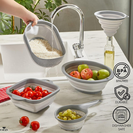 Collapsible Colanders for Kitchen, Space-Saving Plastic Colanders, Accordion Strainers with Handle & Rice Strainer