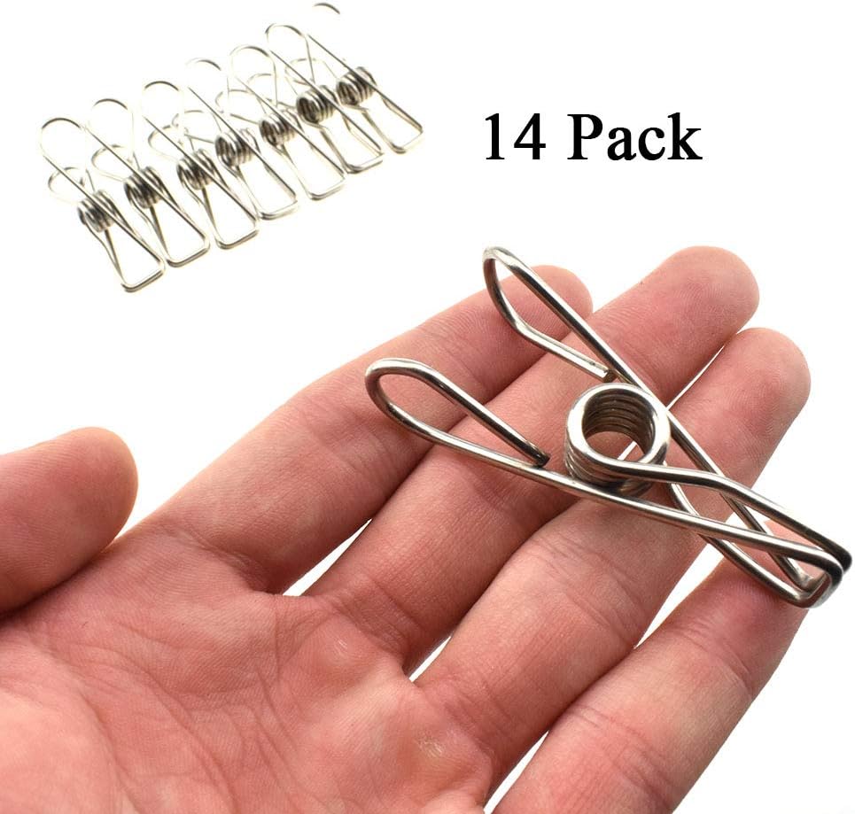 Clothespins Chip Clips All Metal Stainless Steel No Rust Stains Strong Grip in Heavy Wind 3.4 Inches 14 Pack Extra Large Do Not Fall Apart Open Wide for Holding Clothes Snack Bag Clamps