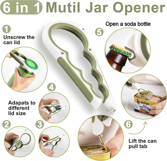 6 in 1 Jar Opener, Multi Function Bottle Opener with Non Slip Rubber | jar openers for Weak hands, Seniors with Arthritis and Anyone with Low Strength, Mutil Jar Opener Get Lids Off Easily