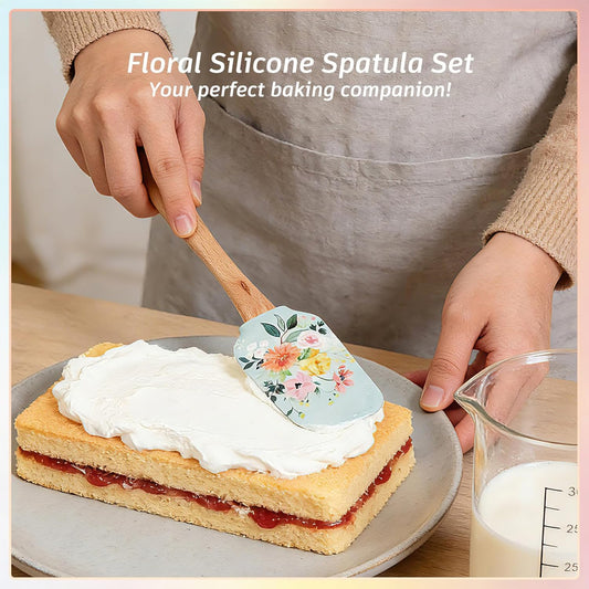 2PCS Floral Silicone Spatula Set,Food Grade Non Stick Baking Spatulas | Heat Resistant Flexible Rubber Scraper for Mixing,Professional Kitchen Utensils for Baking,Cooking & Sauteing-Flower Pattern