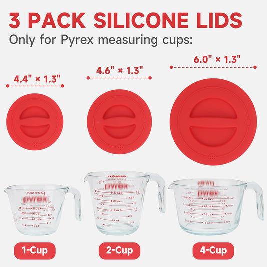 3 Pack Silicone Replacement Lids, Respectively Fits Pyrex 1-Cup, 2-Cup & 4-Cup Tempered Glass Liquid Measuring Cups, Reusable & Food-grade Silicone, Dishwasher & Microwave Safe