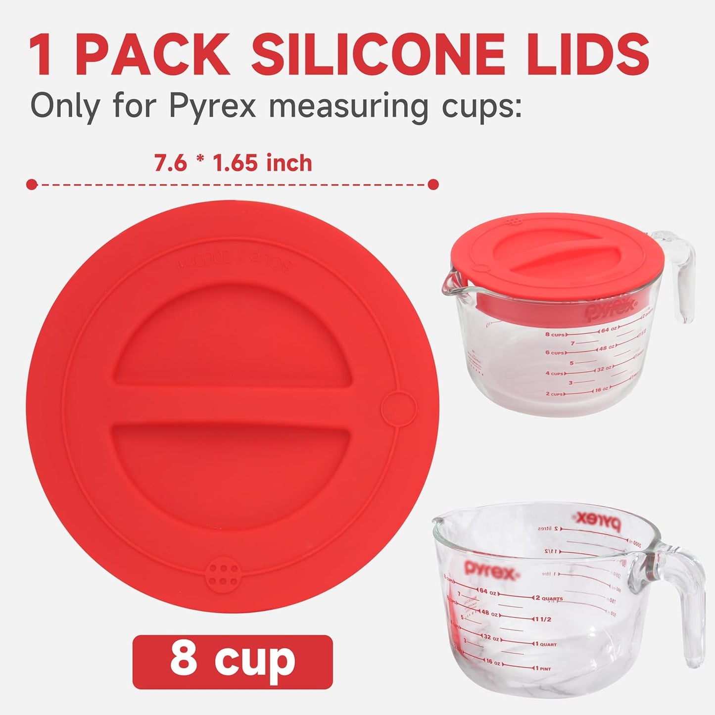 3 Pack Silicone Replacement Lids, Respectively Fits Pyrex 1-Cup, 2-Cup & 4-Cup Tempered Glass Liquid Measuring Cups, Reusable & Food-grade Silicone, Dishwasher & Microwave Safe
