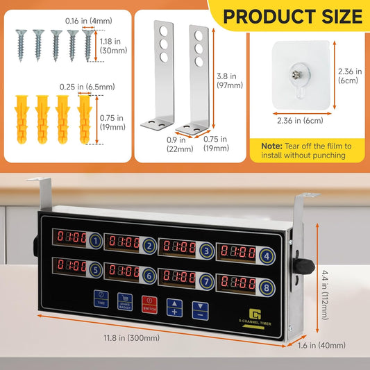 Commercial Kitchen Timer for Cooking, 8 Channel Timer Restaurant Kitchen Supplies, Heavy-Duty Timer - Stainless Steel | Digital LED Technology | Reminder Function | Loud Alarm