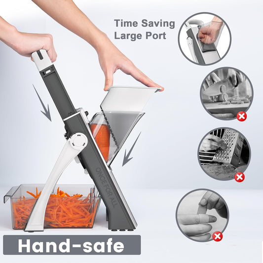 SupMaKin Safe Mandoline Slicer Plus for Kitchen Adjustable Vegetable Slicer | 0.1-8mm, Cut Resistant Stainless Steel Blades,Potato Fry Cutter, Onion Chopper, Detachable,Foldable Dishwasher Safe, Gifts