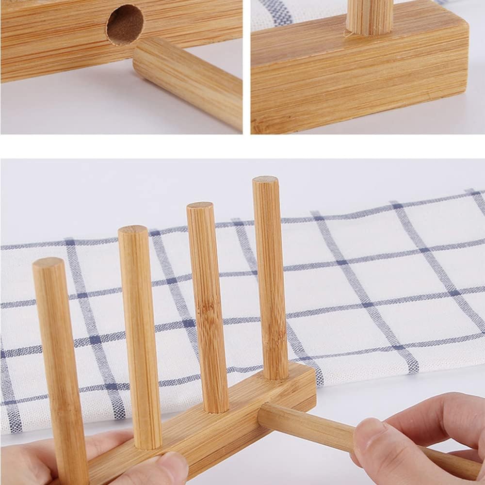 Bamboo Wooden Dish Rack, Vertical Plate & Lid Organizer | for Kitchen Cabinet or Countertop, Drying Stand for Dishes, Cutting Boards