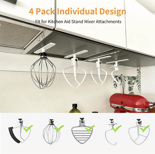 Stand Mixer Attachment Holder for KitchenAid Accessories and Attachments - 4 Pack Hanging Organizer for Storage Your Kitchen Aid Dough Hook Paddle Whisk Attachment Hanger (Plastic White)