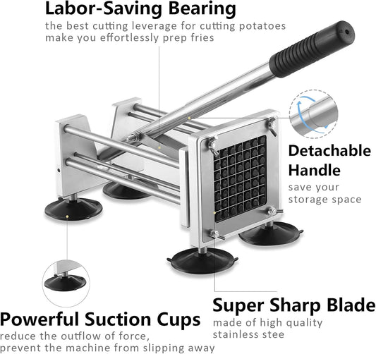 French Fry Cutter, Potato Slicer Fry Cutter with Detachable Handle, Stainless Steel Potato Cutter Includes 3/8",1/2" Blades with 4 Suction Feet for Potato, Carrot, Cucumbers