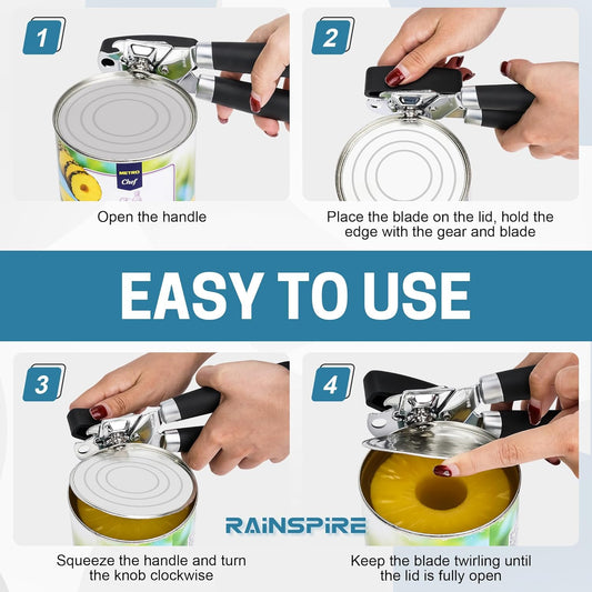 Upgraded Can Opener Manual with Bottle Opener Smooth Edge Cut, Can Opener Heavy Duty, Comfortable Soft Handle, Built-in Bottle Opener, Black