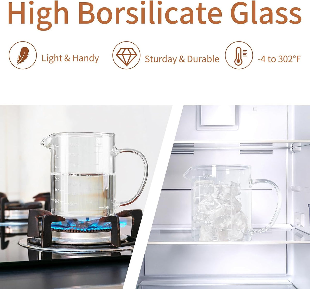 Glass Measuring Cup, 500ML (18OZ, 2 Cups), with Three Scales | V-Shaped Mouth Measuring Cup, High Borosilicate Glass Liquid Measuring Cups, Suitable for Kitchen and Restaurant.