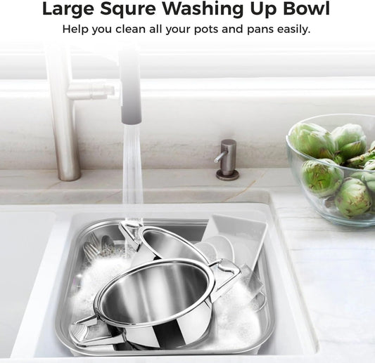 Stainless Steel Washing Up Bowl, Large Multi-Purpose Dish Tub for Sink | 9.4/10.6/4.1/8.5 in; insulated wide rim; flat stable base; rust-resistant; stackable; for pots, pans, veggies, fruits
