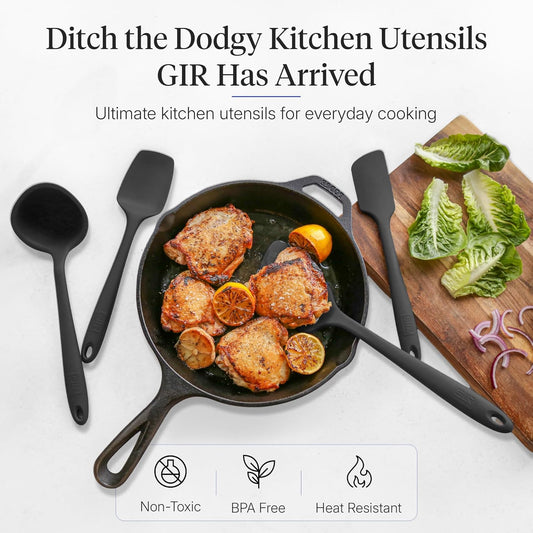 5-Piece Silicone Ultimate Kitchen Utensils Set - Ladle, Spatula, Flip, Spoon & Spoonula - Non-Toxic Cooking Utensils for Nonstick Cookware, Cooking and Baking - Black