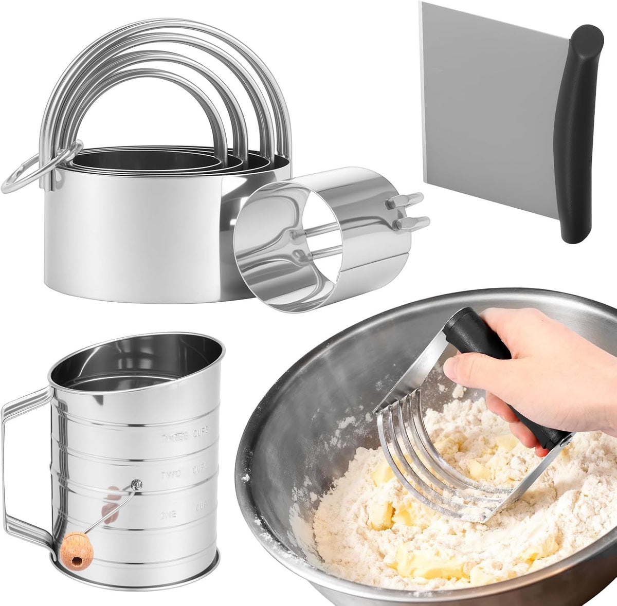 Stainless Steel Biscuit Cutter Set, Ergonomic Pastry Scraper and Dough Blender with Non Slip Grip for Biscuits Pie Cookies(style 1)