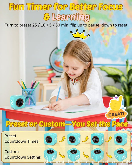 Digital Pomodoro Timer Cube 5/10/25/50min Preset, Silent & Sound Alarm | Visual Productivity Flip Timer for Kids Classroom Desk, Custom Countdown, Gravity Sensor, for ADHD Study Work Game Kitchen