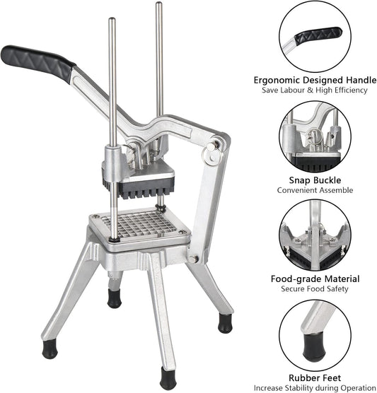 Commercial Vegetable Chopper French Fry Cutter Stainless Steel w/ 4 Sizes Blades, Fruit Potato Slicer, 1/2", 3/8", 1/4" & 8-Wedge Blades and Pusher Blocks for Restaurants, Home & Kitchen