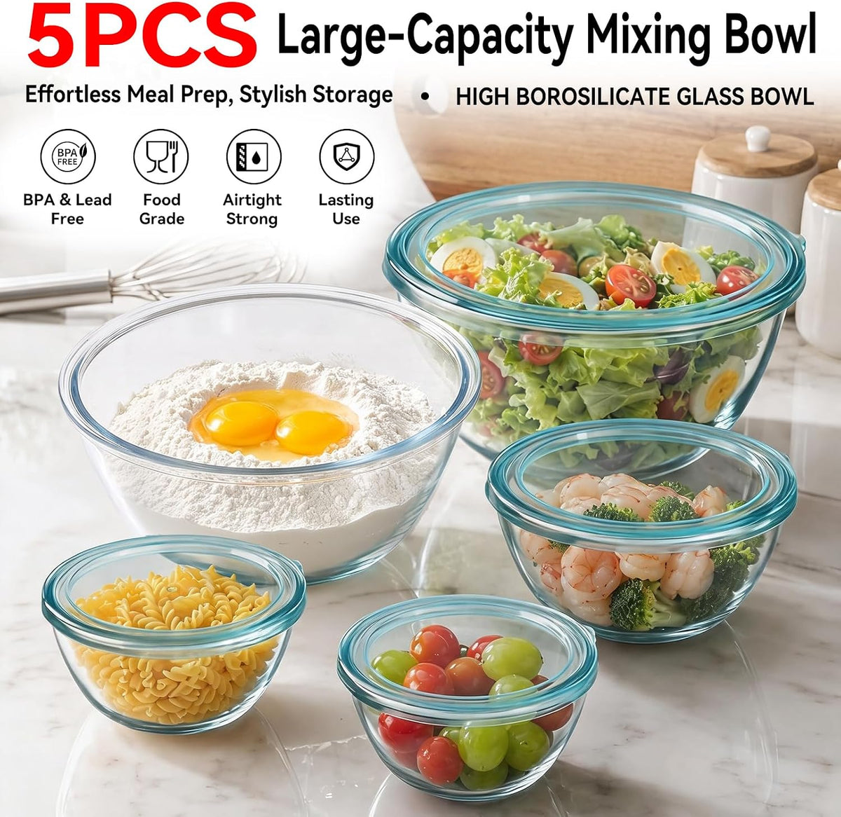 4 Pack Glass Mixing Bowls with Lids Set (3QT/1.7/0.9/0.6QT),Thick Glass Large Salad Bowl Set, Nesting Kitchen Bowls for Serving, Prepping, Cooking and Baking, Dishwasher, Oven,Microwave Safe