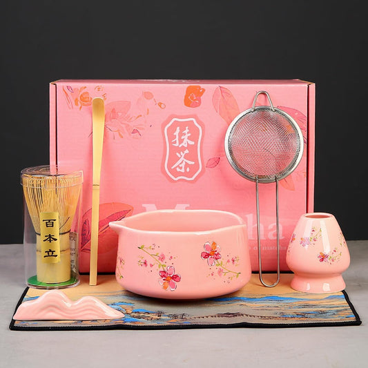 Matcha Set 7-Piece matcha whisk set,matcha kit,matcha set, 1 Scoops, Strainer,1 matcha whisk ,macha whisk set (pink)