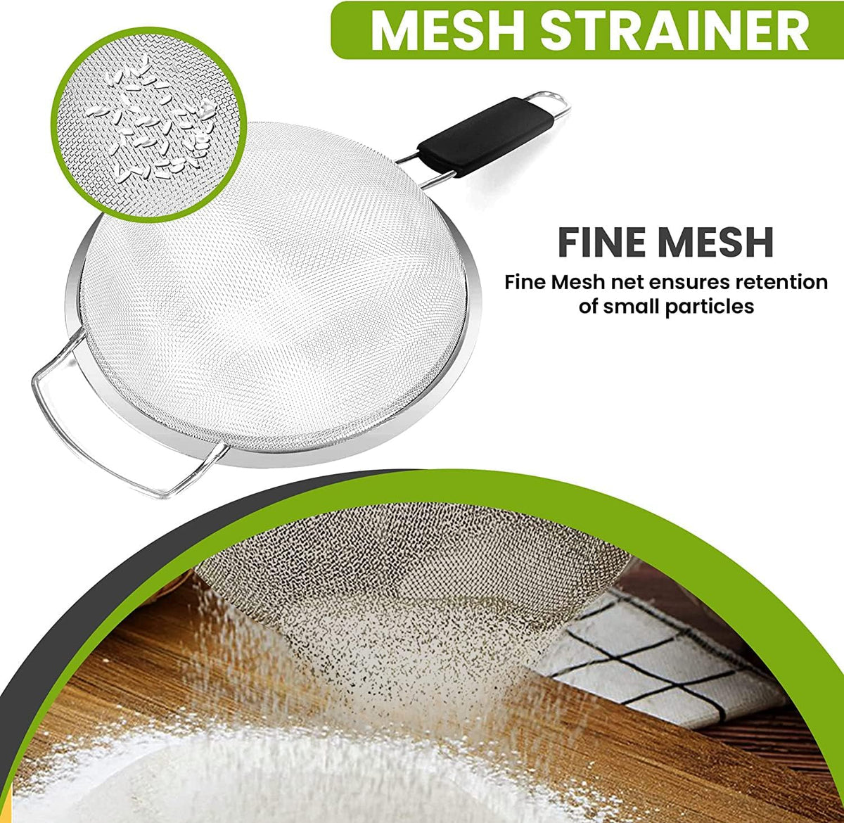 9" Large Fine Mesh Strainer with Thermo Plastic Rubber Handle - Sieve Fine Mesh Stainless Steel - Ideal Kitchen Essential to Strain Pasta, Quinoa and Rice