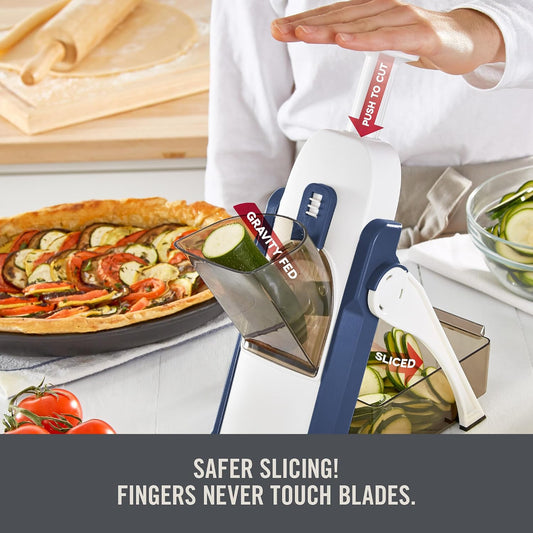 Zakarian Safe Slice® Mandoline - Features Thickness Adjuster, Stainless Steel Blades, and Foldable, Easy-To-Store Design - Zakarian Blue