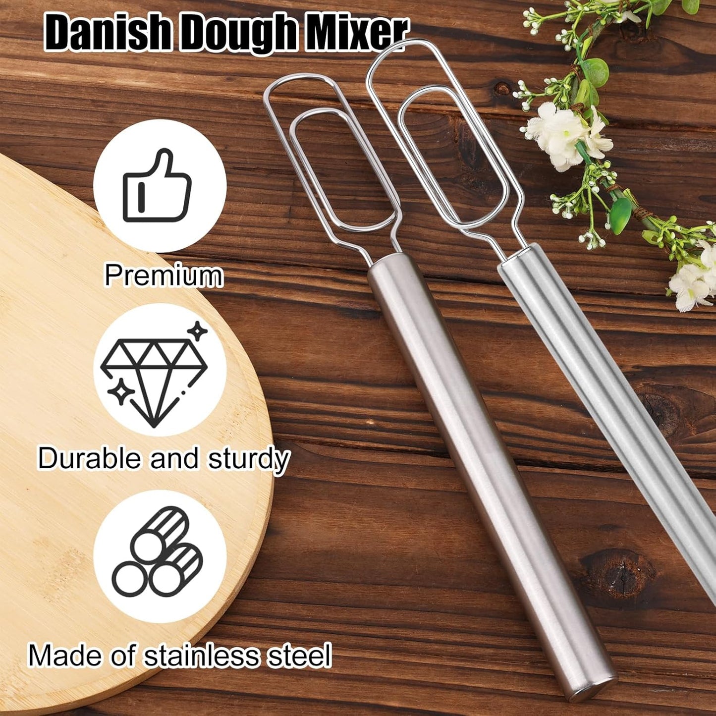 2pcs Dough Whisks, Stainless Steel Durable Dough Mixer Hand Tools Reaches Jar Bottom Bread Whisk Tool for Pizza Bread Cake Eggs Mixing