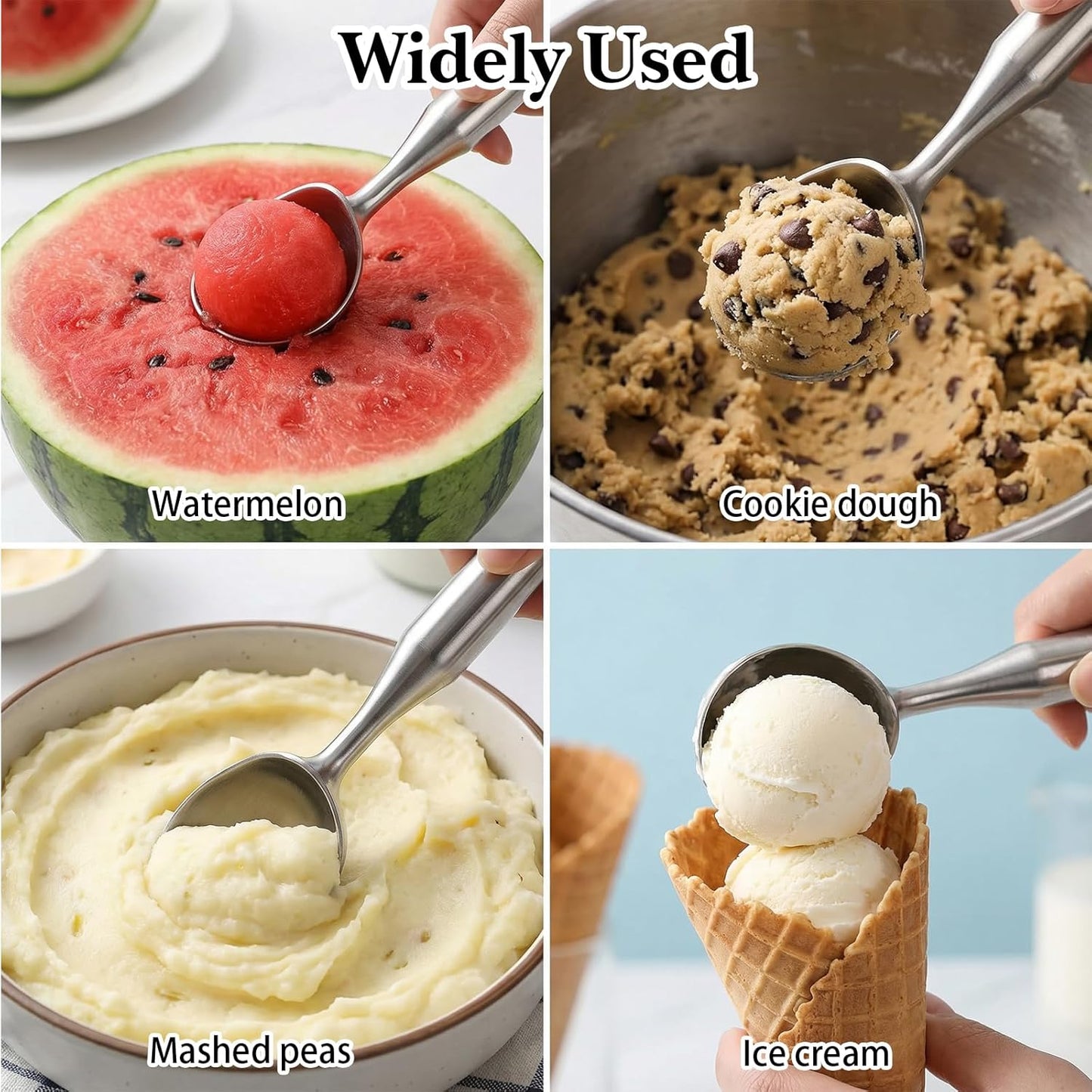Ice Cream Scoop Stainless Steel, Ice Cream Scooper Seamless Design Comfortable Grip Long Handle for Gelato, Sorbet, Cookie Dough, Melon, Frozen Yogurt