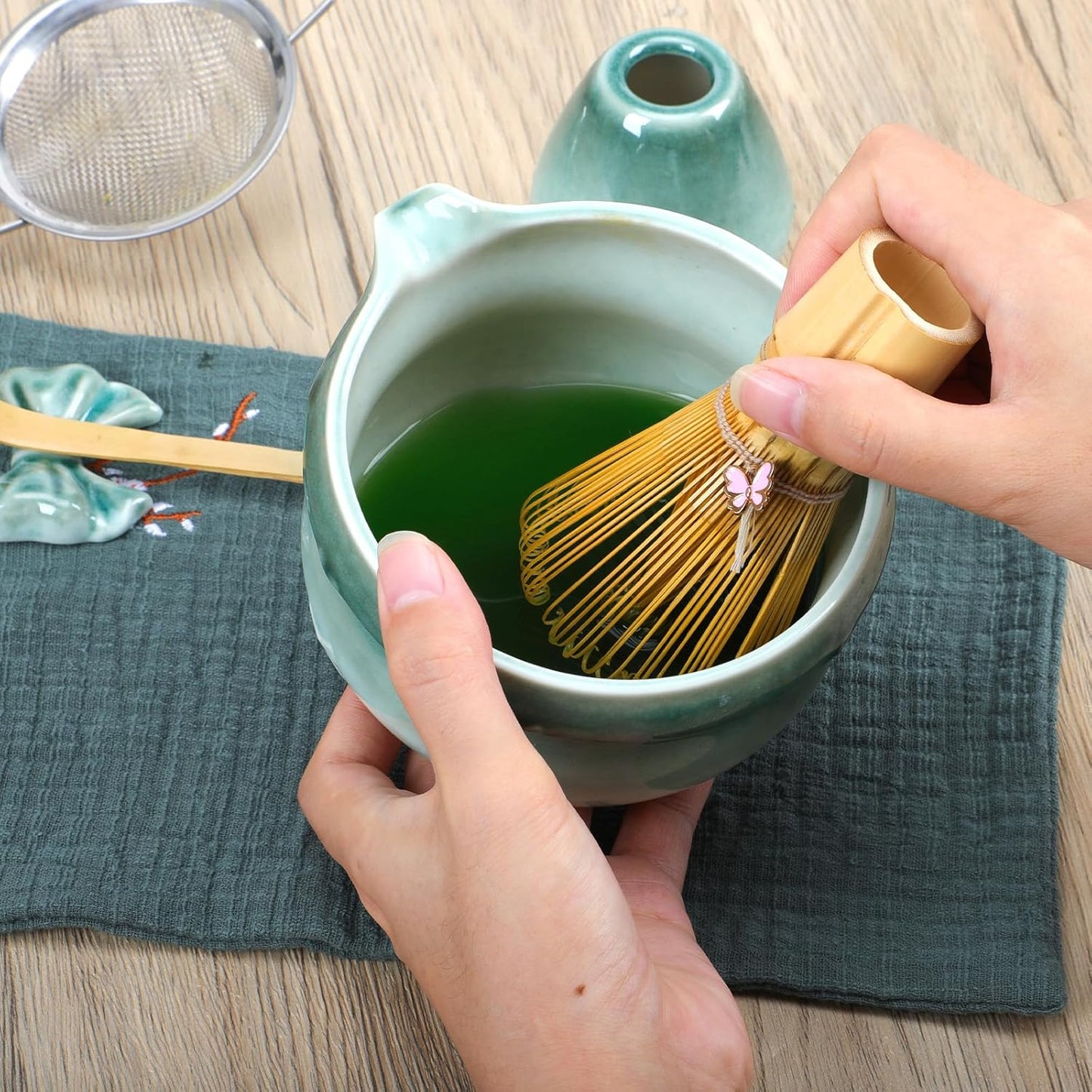 8 Pcs Matcha Whisk Set, Ceramic Matcha Japanese Tea Set Includes 16oz Bowl, Whisk and Holder, Bamboo Scoop and Spoon, Scoop Rest, Sifter and Towel, Green Glaze Making Kit for Tea Lovers