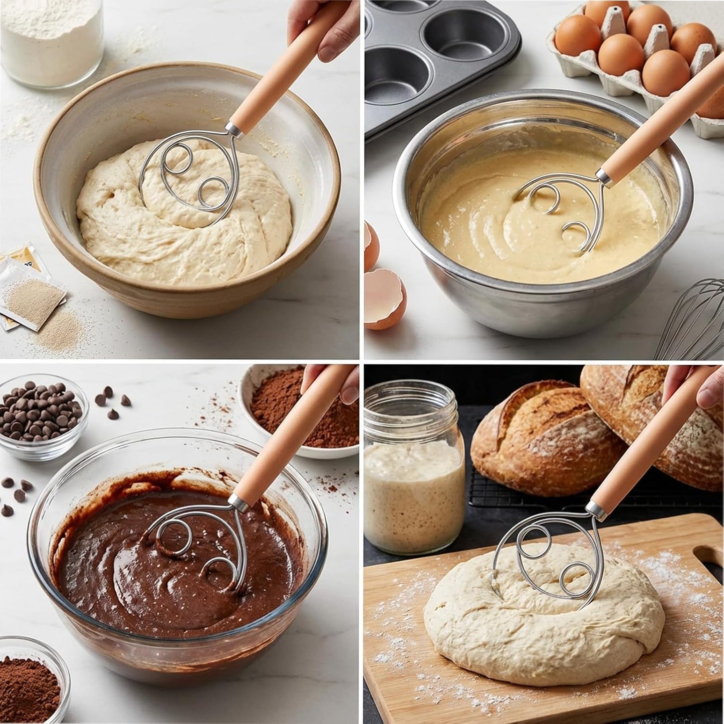 TIESOME Danish Dough Whisk, 2 Pcs 10-Inch Stainless Steel Dough Hook with PP Handle, Sturdy Dutch Bread Mixer for Sourdough, Pizza & Pastry, Baking Tools (Natural Wood Color)