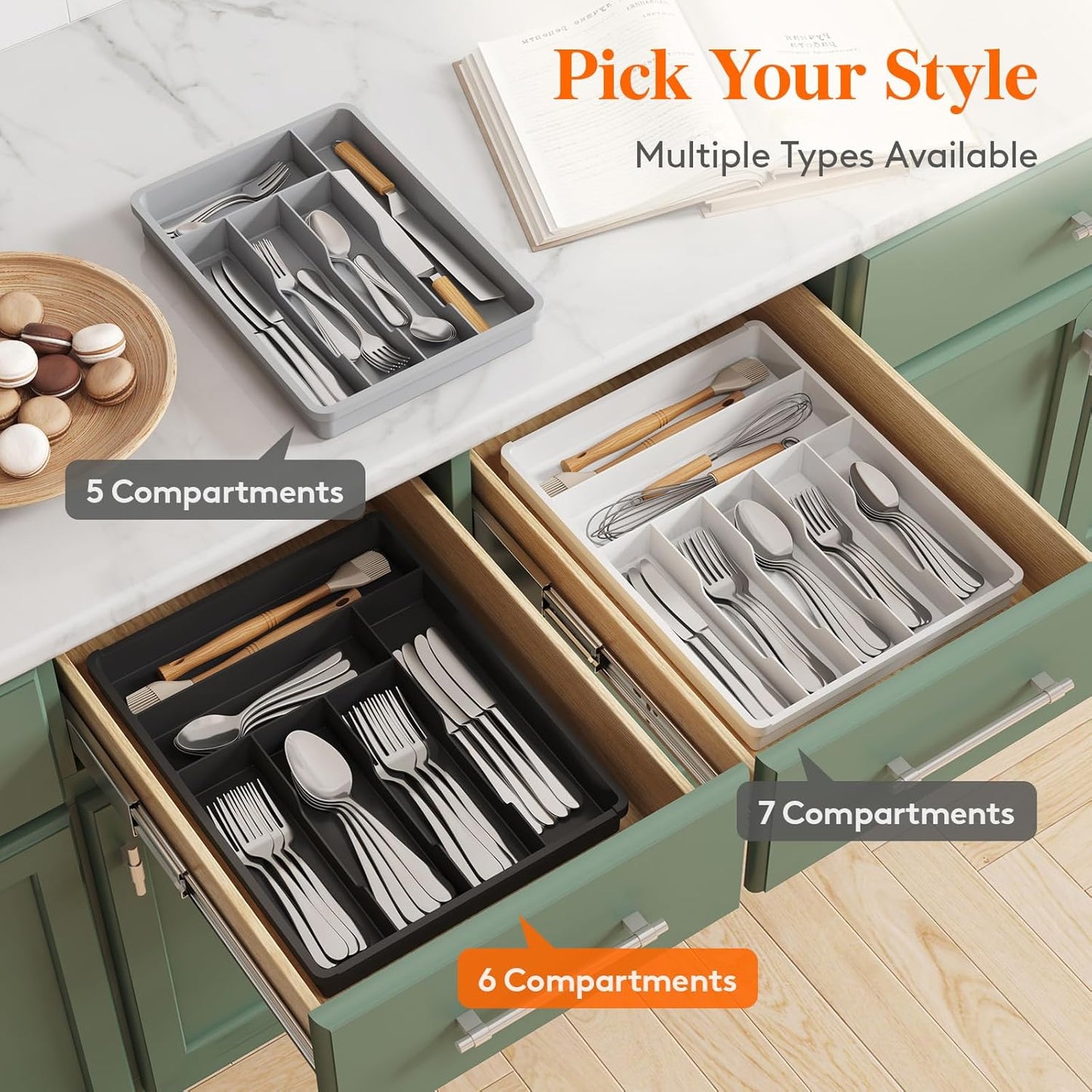 Lifewit Silverware Drawer Organizer Tray, Plastic Cutlery Storage for Kitchen, Flatware and Utensil Holder Divider for Spoons Forks Knives Tableware, 9.1 x 12.6", 5 Slots, Black