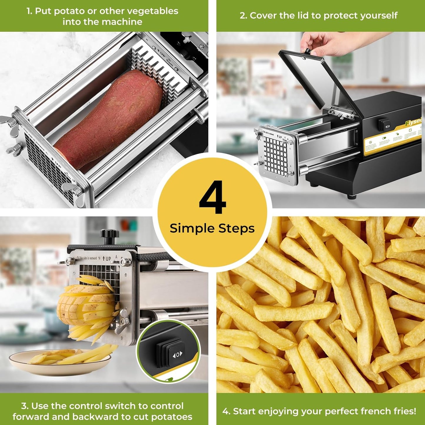French Fry Cutter Electric Potato Cutter Stainless Steel Professional With 4 Blades For Commercial, Home Use & Cucumbers, Carrots, Sweet Potatoes, Black