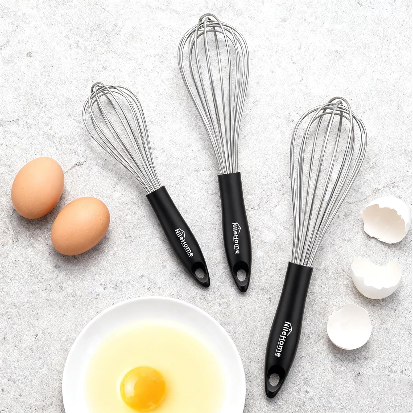 NileHome Silicone Whisk Set 8" 10" 12" Kitchen Whisk Kitchen Wisk Wire Whisks for Cooking, Whisking, Blending, Beating, Stirring-Black 3 Pack