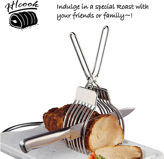 Stainless Steel Roast Beef Cutting Tongs Meat Bread Slicing Tong Onion Tomato Holder For Slicing Vegetable Fruits Cutting Kitchen Aid