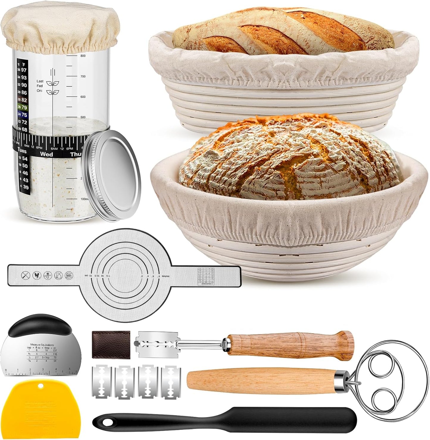 Sourdough Starter Kit, 9'' Round Banneton Proofing Basket, 36oz Sourdough Starter Jar, Bread Lame, Dough Scraper, Dough Whisk & Silicone Bread Sling
