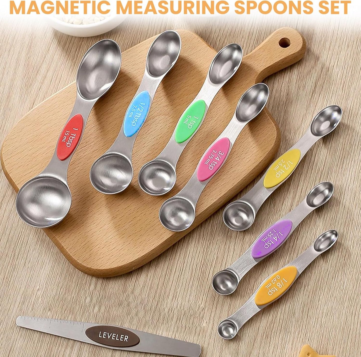 Magnetic Measuring Spoons Set with Leveler, Stainless Steel Metal Tablespoon Measure Spoon for Baking, Cups and Spoon Set Kitchen Gadgets Apartment Essentials Fits in Spice Jars