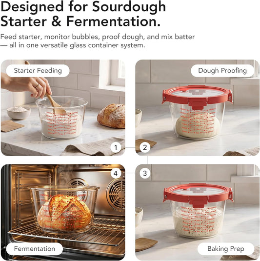 Premium Sourdough Starter & Dough Proofing Set, 2-Piece Borosilicate Glass Containers with Airtight Lids, Wide Mouth Measuring Bowls for Baking & Fermentation, Microwave & Oven Safe (24oz & 71oz)
