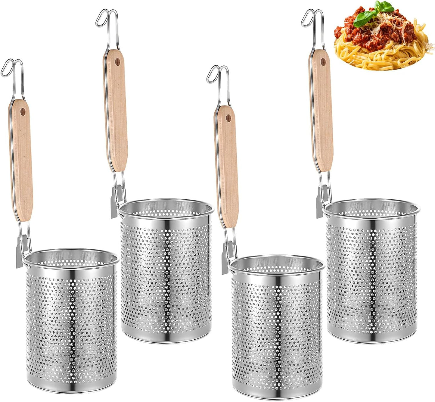 4pcs Pasta Strainer 15'' × 5.5'' Stainless Steel Pasta Basket Mesh Cooker with Wood Handle Kitchen Mesh Spider Noodle Strainer Skimmer for Boiling Food Dumpling Noodle Blanching Basket