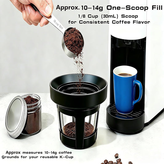 Reusable K Cup Refill Kit, 304 Stainless Steel 30ML Coffee Scoop & Aluminum Dosing Funnel, Fits Keurig 1.0 & 2.0 Reusable Metal/Plastic K-Cups Silver