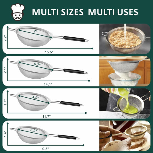4 Pcs Set Fine Mesh Strainers Skimmers, Stainless Steel Kitchen Utensil | Sieve Strainer Wire Sifter Colanders with Anti-Scald Handle, Stainless Steel Strain Pasta Quinoa Rice, Ideal for Gift
