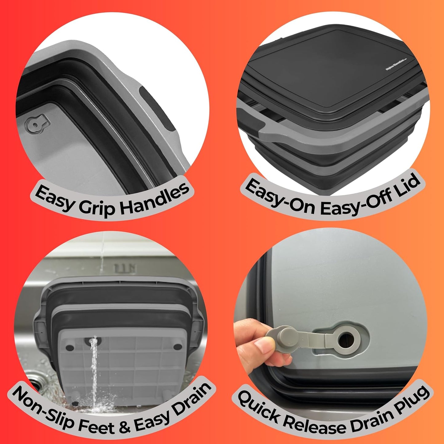 Collapsible Large (8L) BBQ Marinating Tub w/ Cutting Board | Multipurpose Food-Grade TPE Prep Tub w/ Lid | Built-In Colander & Drain Plug - For Camping | Tailgate | Picnic - Slate Black