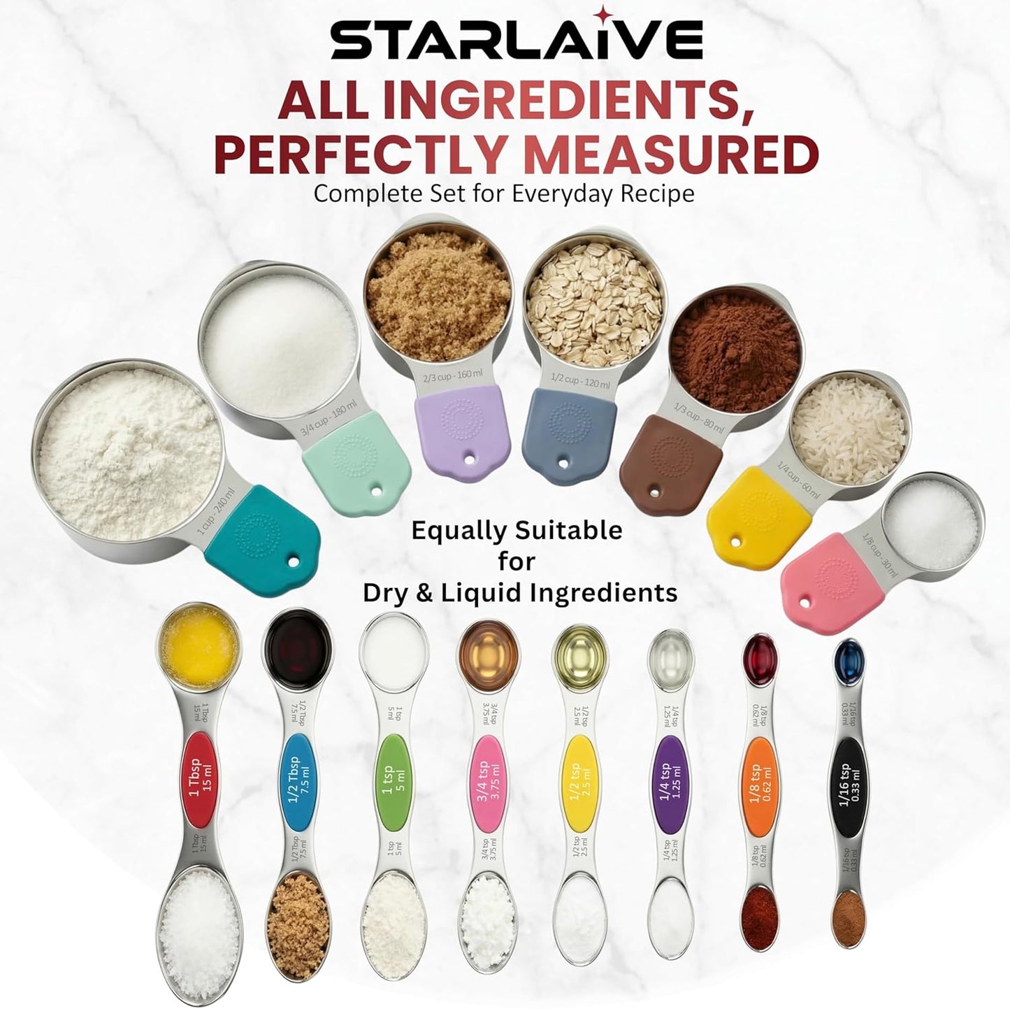 Magnetic Measuring Cups and Spoons Set of 16, 304 Stainless Steel with Multicolor Silicone Handles, 7 Cups, 8 Double-Sided Spoons and Leveler, Laser-Engraved, Stackable, Dishwasher Safe for Baking